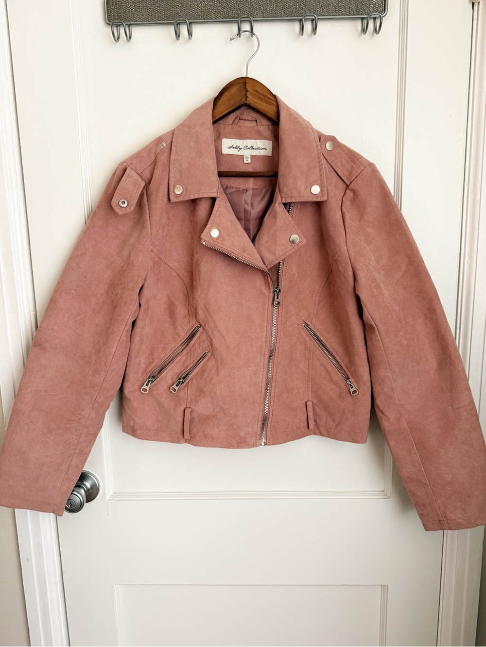 Sebby Collection Blush Pink Fauz Suede Moto Jacket